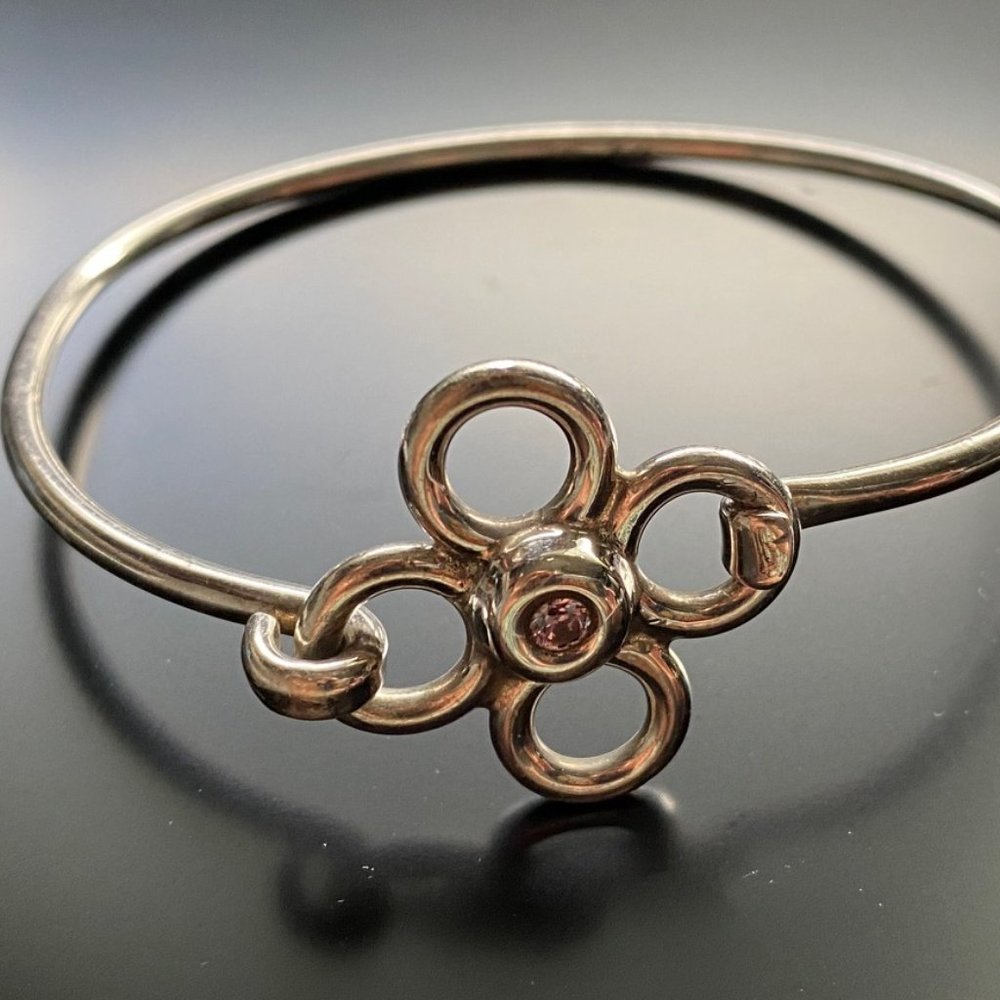 Vintage Mexico 925 Silver Flower Bangle Bracelet w/Pink Crystal Center